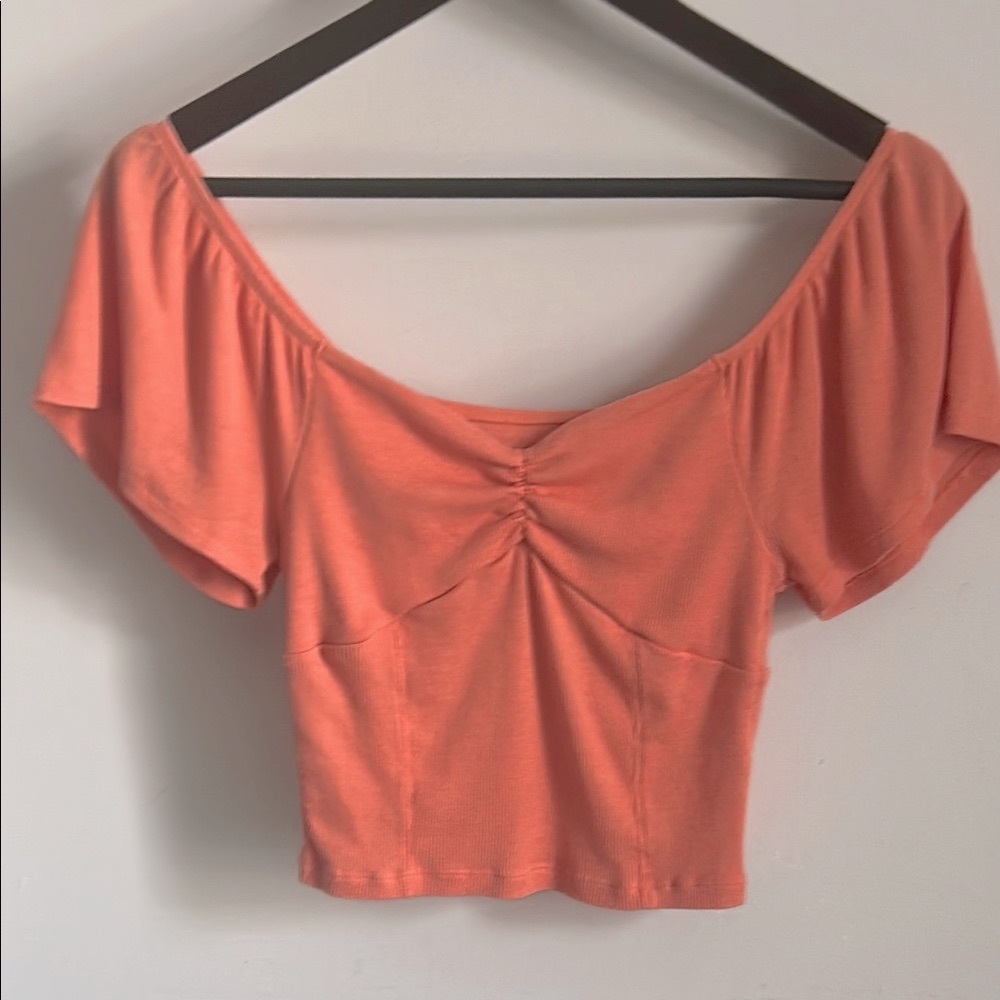 American Eagle Outfitters Light Coral Ruched Crop Ribbed Cotton Blend Blouse